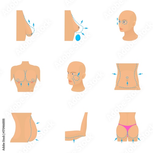 Body plastic surgery icons set, cartoon style