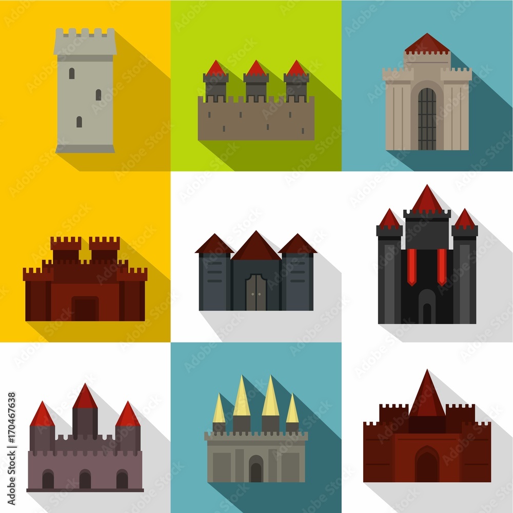Towers and castles icon set, flat style
