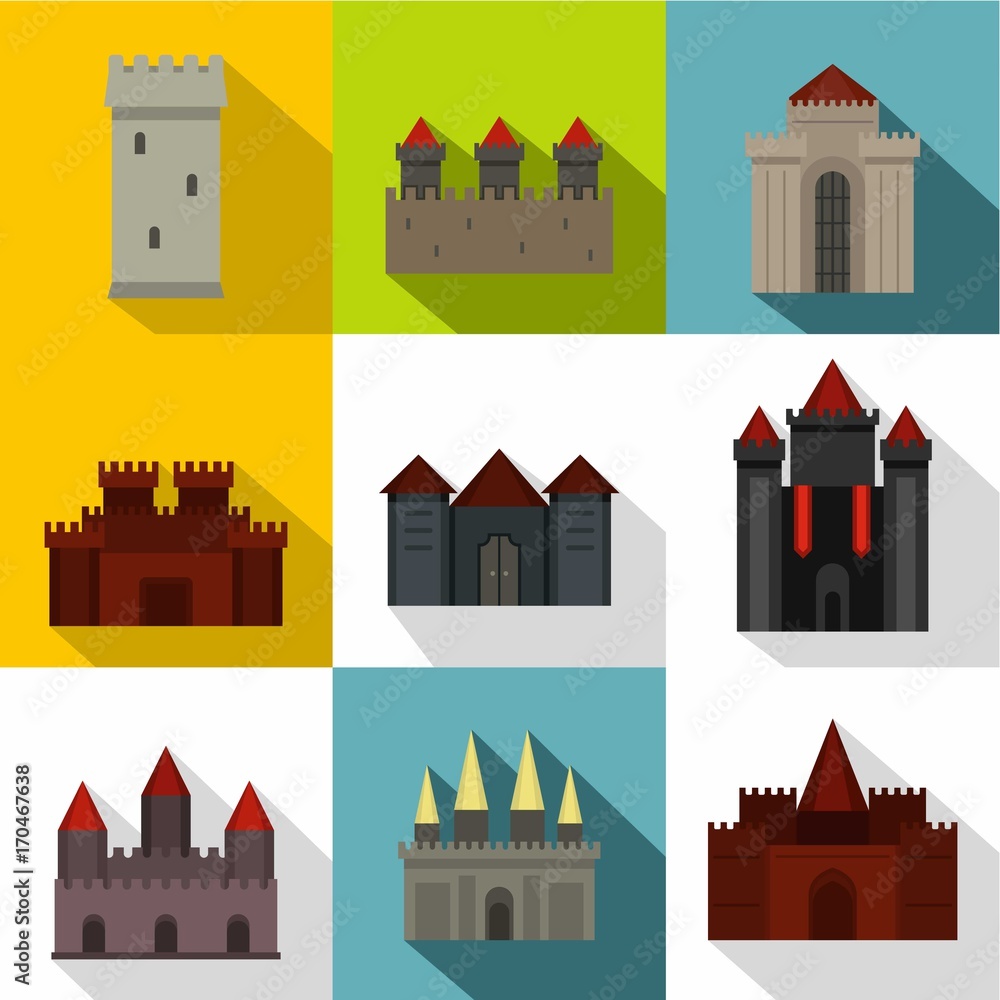 Towers and castles icon set, flat style Towers and castles icon set, flat style