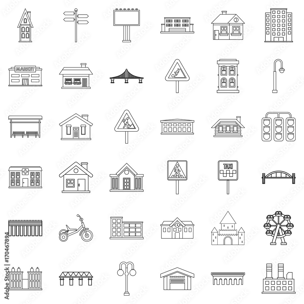 Downtown icons set, outline style