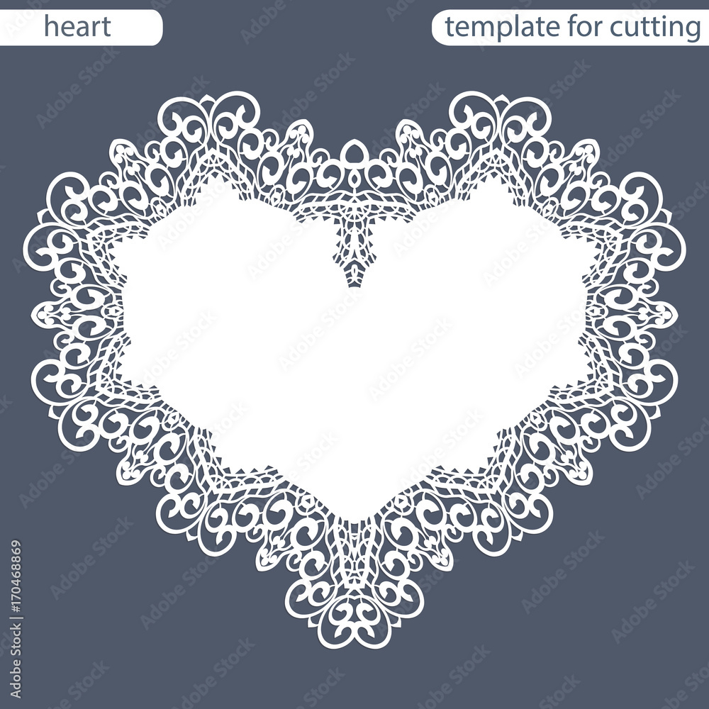 Greeting card with openwork border, paper doily under the cake, template for cutting in the form of heart, valentine card, wedding invitation, decorative plate is laser cut, vector illustrations. Greeting card with openwork border, paper doily under the cake, template for cutting in the form of heart, valentine card, wedding invitation, decorative plate is laser cut, vector illustrations.