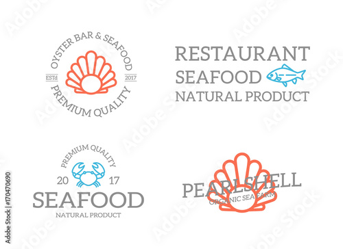 Set of retro vintage fish and shell, crab logo or insignia, emblems, labels and badges and other branding objects. Vector line style