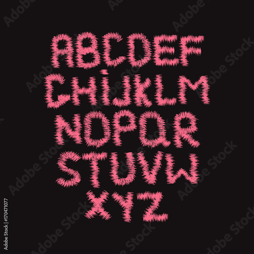 Fashion embroidery pink font. Vector hand drawn illustration.