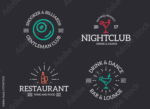Set of retro vintage night club, billiard, cocktail, disco logo or insignia, emblems, labels and badges and other branding objects. Vector line style