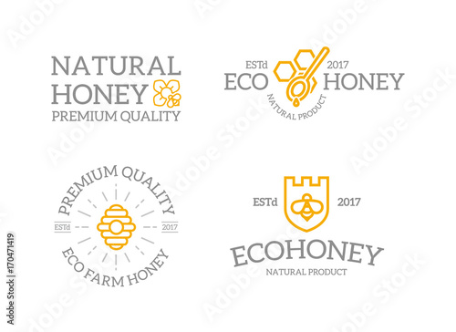 Set of retro vintage honey and shield with a bee, honeycomb, hive logo or insignia, emblems, labels and badges and other branding objects. Vector line style
