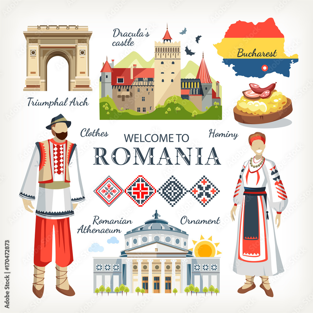 Romania collection of traditional objects symbols of country architecture food clothes - obrazy, fototapety, plakaty 