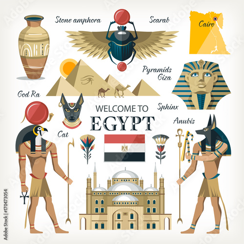 Egypt collection set with  traditional symbols of country giza pyramids gods pharaoh cairo citadel scarab and other