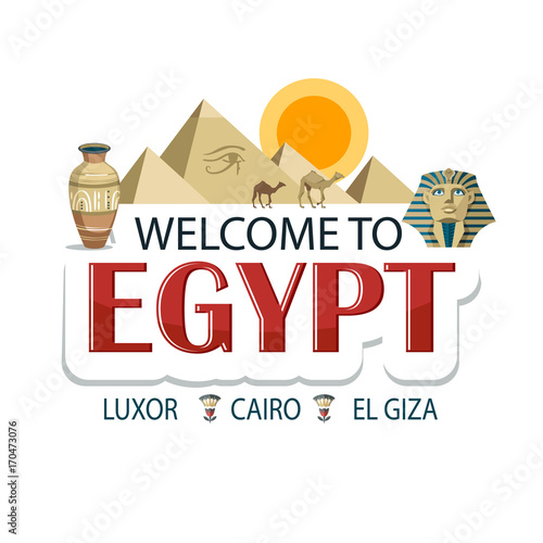 Egypt  sticker advertising lettering header message with pyramids pharaoh amphora camels