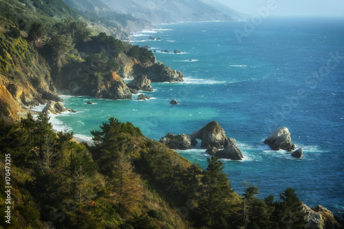 Coastal Big Sur, California on a beautiful afternoon. Looking south down the rocky shores.