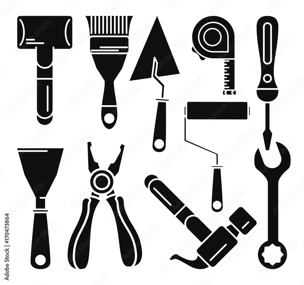 Construction Tool Collection Vector Silhouette Stock Illustration