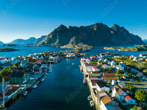 Henningsvaer village. Aerial view. Norway.