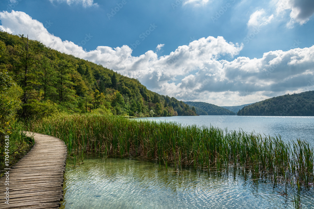 Peaceful landscape with path around lake