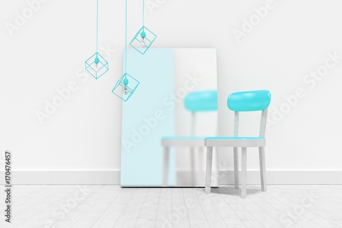 Blank whiteboard by empty chair against wall 