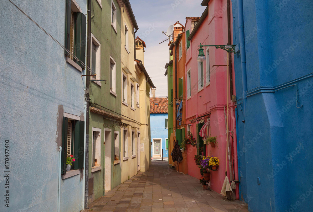 Fototapeta premium Small, cozy courtyard with colorful cottage / Burano, Venice/ The small yard with bright walls of houses