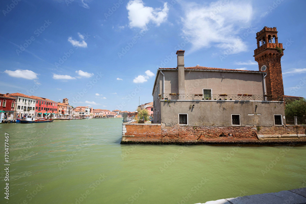 Murano Island, small village near the Venice / Panorama of the river canal and historical architecture.