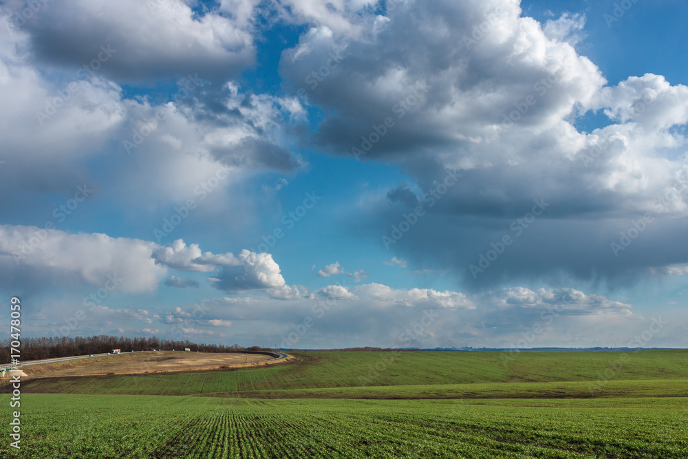 green field with fresh vibrant grass and blue sky with dramatic clouds at the daytime