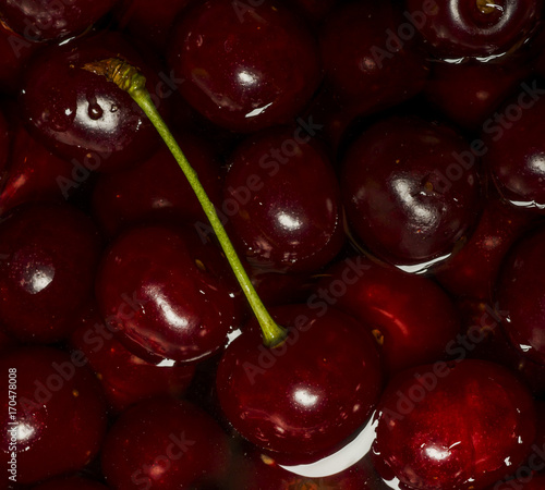Ripe fresh rich cherries in water. Fruit background.