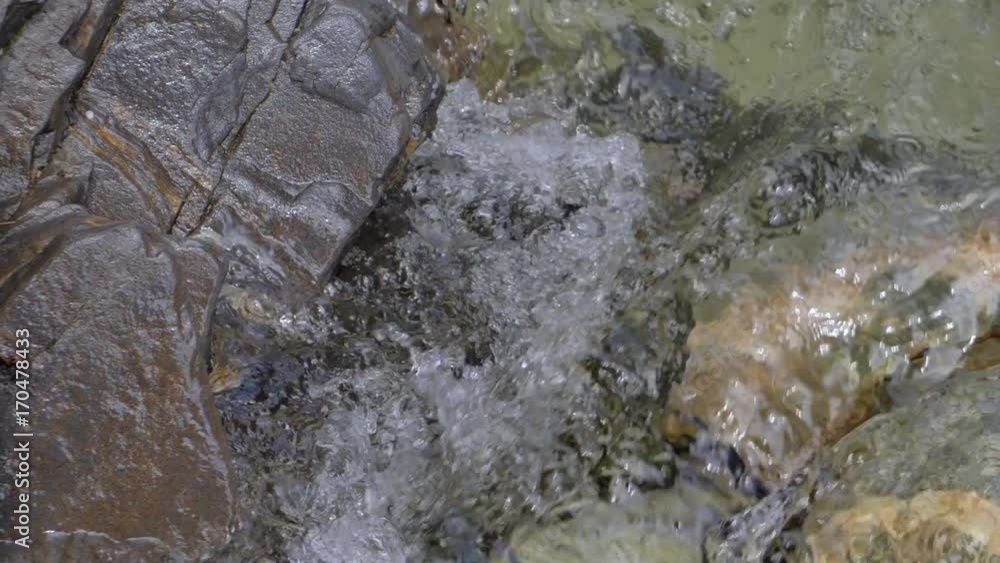 Water in a mountain river in slow motion video. Water in a mountain river in slow motion video.