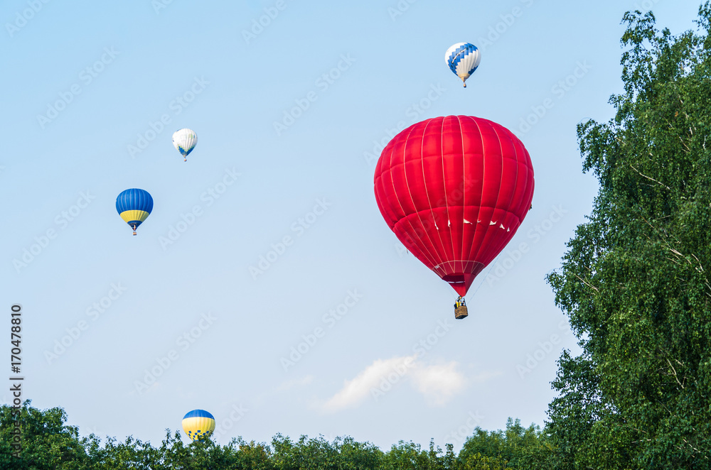 Naklejka premium Balloons fly over the trees