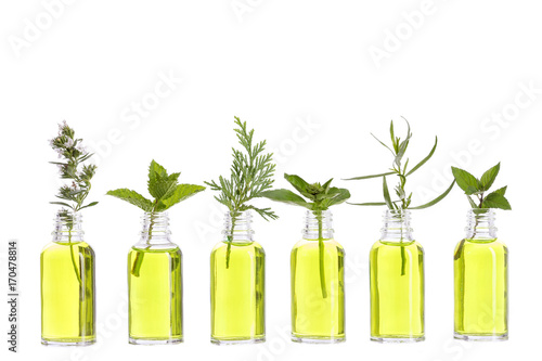 Bottle of essential oil with herbs and flowers, , basil flower,rosemary, brorage, calendula, geranium, set up on old wooden background . photo