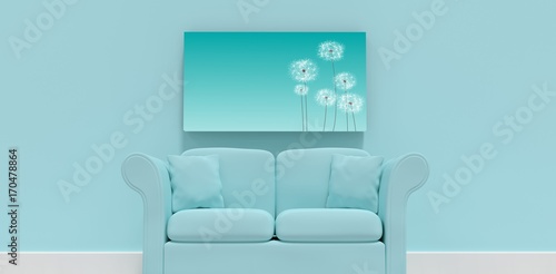 Composite image of 3d illustration of blue sofa with cushions