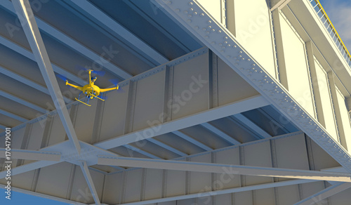 3D render of a UAV drone with top-mounted camera inspecting the underside structure of a steel bridge. Fictitious UAV and bridge, blue sky and motion blur for dramatic effect.