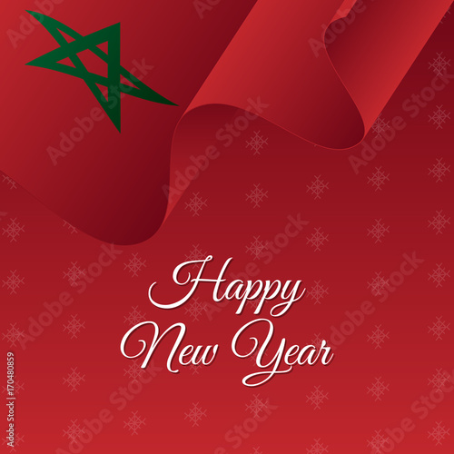 Happy New Year banner. Morocco waving flag. Snowflakes background. Vector illustration.