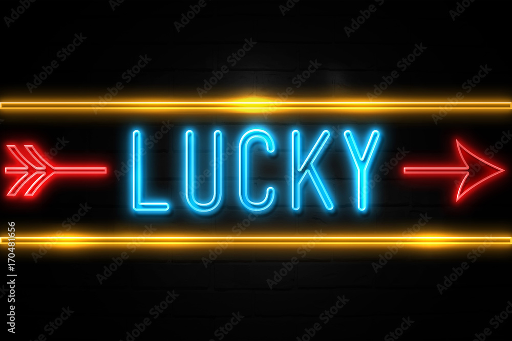 Fototapeta premium Lucky - fluorescent Neon Sign on brickwall Front view