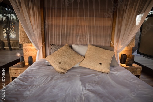 View of empty canopy bed