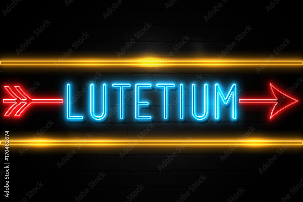 Lutetium - fluorescent Neon Sign on brickwall Front view Lutetium - fluorescent Neon Sign on brickwall Front view