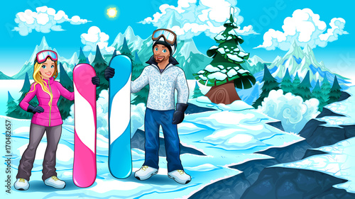 Snowboarders boy and girl on the mountain