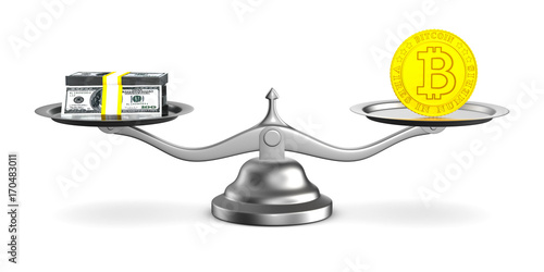 Wallpaper Mural bitcoin and money on scale. Isolated 3D illustration Torontodigital.ca