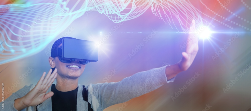 Composite image of smiling young woman gesturing while wearing Composite image of smiling young woman gesturing while wearing