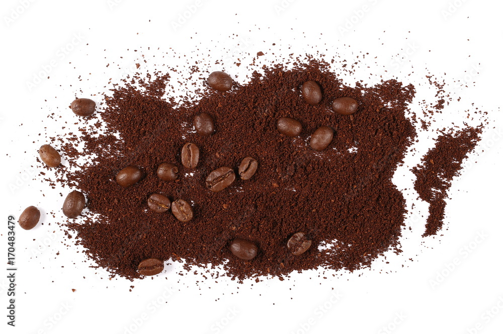 Fototapeta premium Pile of powdered, instant coffee and beans isolated on white background, top view