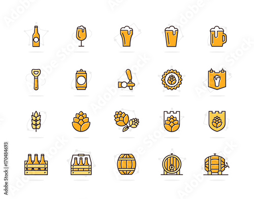 Set of vector beer and bar, pub colored line icons. Alcohol, bottle, mug, barley, hop, barrel, ale, froth, keg, beaker, jar and more. Editable Stroke.
