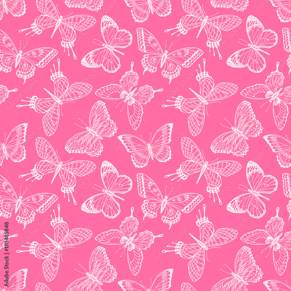 Fototapeta premium seamless sketch pink butterflies