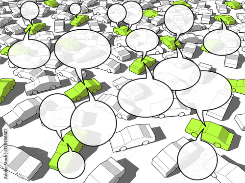 Green ecological cars standing out from others in giant traffic jam and speech comic bubbles are above some cars