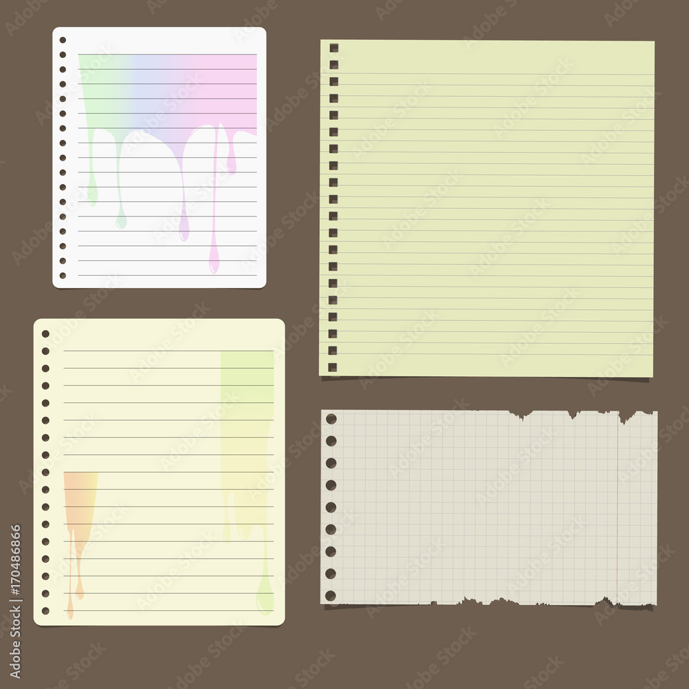 Set of various notebook paper sheets - chequered, ruled and with leaking paint design on dark brown background Set of various notebook paper sheets - chequered, ruled and with leaking paint design on dark brown background