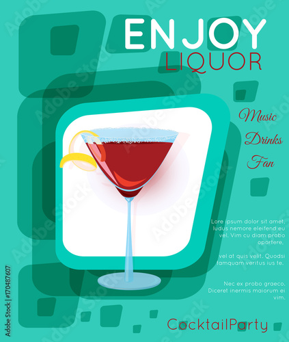 Red cosmopolitan cocktail in martini glass on green rectangles