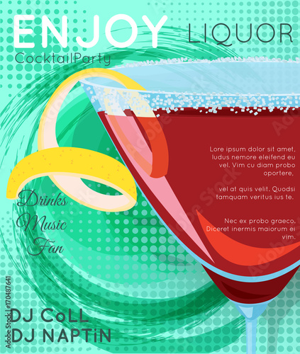 Red cosmopolitan cocktail in martini glass on grunge green circle close up