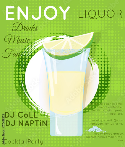 Tequila shot cocktail with slice of lime and salt on green grunge circle with halftone texture