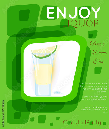 Tequila shot cocktail with slice of lime and salt on green rectangles