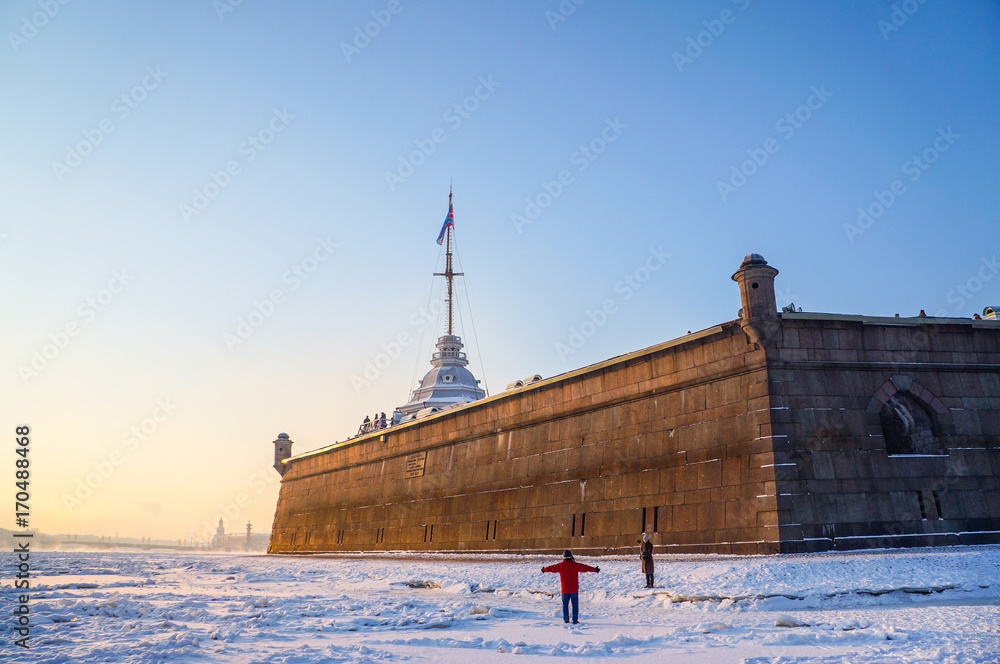 Fototapeta premium City winter landscape. Winter Saint-Petersburg. Frosty day on the river Neva. Winter Russia. 