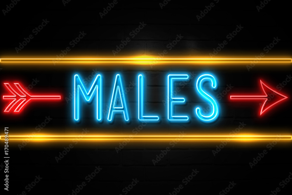 Males - fluorescent Neon Sign on brickwall Front view Males - fluorescent Neon Sign on brickwall Front view