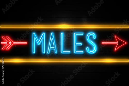Males - fluorescent Neon Sign on brickwall Front view