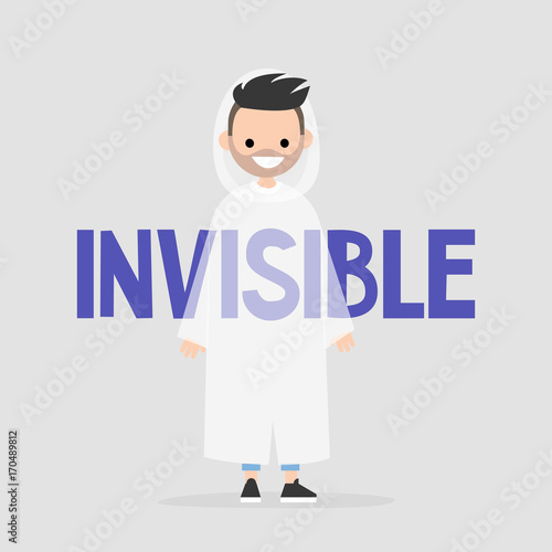 Young character wearing an invisibility cloak. Transparency conceptual illustration. Flat editable vector illustration, clip art