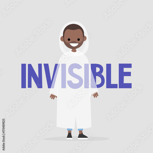 Young black character wearing an invisibility cloak. Transparency conceptual illustration. Flat editable vector illustration, clip art
