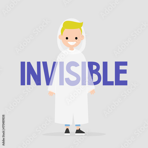 Young character wearing an invisibility cloak. Transparency conceptual illustration. Flat editable vector illustration, clip art