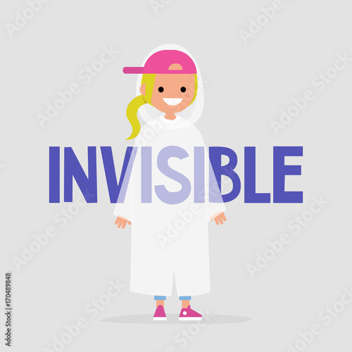 Young female character wearing an invisibility cloak. Transparency conceptual illustration. Flat editable vector illustration, clip art