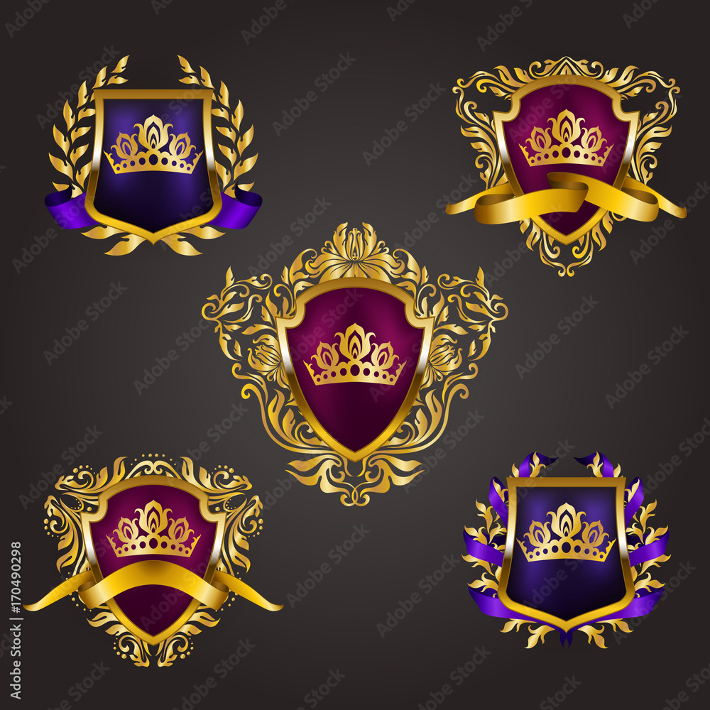 Set of golden royal shields with floral elements, ribbons, laurel wreaths for page, web design. Old frame, border, crown, divider in vintage style for label, emblem, badge, logo. Illustration EPS10 Set of golden royal shields with floral elements, ribbons, laurel wreaths for page, web design. Old frame, border, crown, divider in vintage style for label, emblem, badge, logo. Illustration EPS10